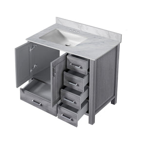English Elm Distressed Grey Bath Vanity With Carrara Marble Top - 36 In. W, Soft-Close Drawers, Timeless Design B2731P258840