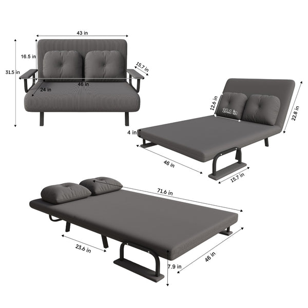English Elm 46" Wide Corduroy Sleeper Sofa Bed Convertible Folding Chair for Two with Adjustable Backrest Grey W2700P431034
