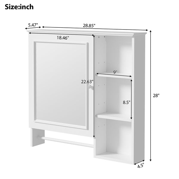 English Elm Wall Mounted Bathroom Storage Cabinet with Large Mirror, Adjustable Shelves, Towel Rack & Durable MDF White N729P180116K