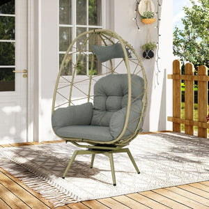 English Elm Oversized Swivel Wicker Egg Chair with Plush Cushions for Patio or Indoor Lounge T5880P501008