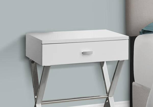 English Elm Accent Elegant Modern Side Table with Glossy Laminate, Chrome Base and Drawer for Living Spaces White 22 L x 14 W x 7 H B2710P219241