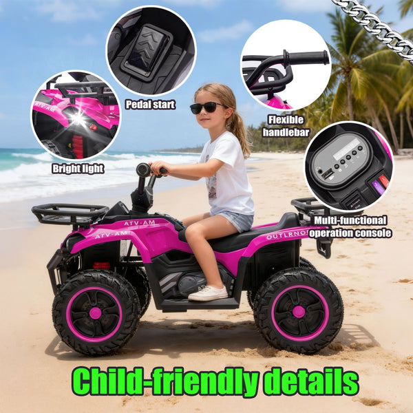 English Elm 24v Dual Motor Kids Atv Ride on with Led Lights Bluetooth Storage Racks Off Road Pink W1578P390450