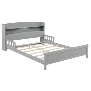 English Elm Full Pine Wood Bed with Bookcase Headboard and LED Motion Sensor Light, Guardrails & Storage Space Grey W504P277598