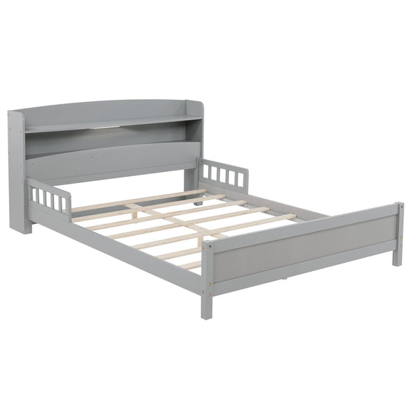 English Elm Full Pine Wood Bed with Bookcase Headboard and LED Motion Sensor Light, Guardrails & Storage Space Grey W504P277598