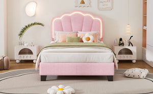 English Elm Twin Flower-Shape Upholstered Bed with LED Headboard, Pink Sherpa Platform Twin Bed for Kids Room Cozy Chic N733P177307H