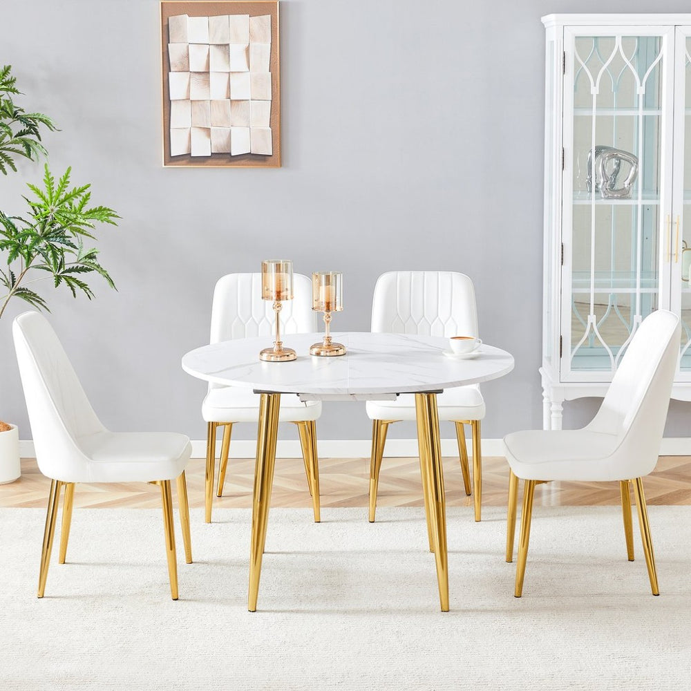 English Elm Table and Chair Set Extendable Round Mdf Dining with Gold Legs Four Pu Seats W1151S03954