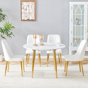 English Elm Table and Chair Set Extendable Round Mdf Dining with Gold Legs Four Pu Seats W1151S03954