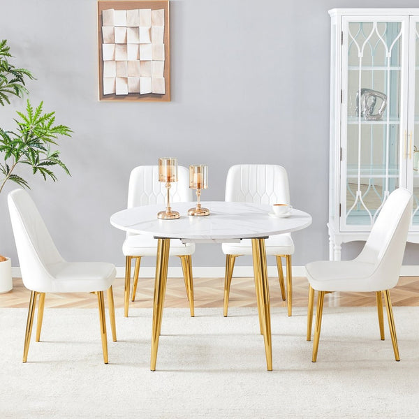 English Elm Table and Chair Set Extendable Round Mdf Dining with Gold Legs Four Pu Seats W1151S03954