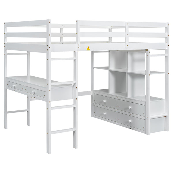English Elm Full Loft Bed with Built-in Desk, 4 Drawers, 6 Shelves, Pine/MDF White — Space-Saving Study Loft SM000320AAK