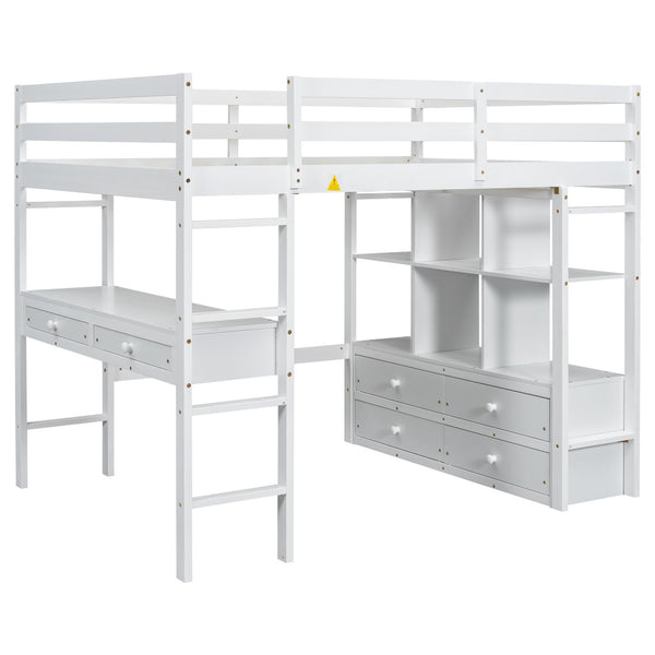 English Elm Full Size Loft Bed Pine Wood Frame with Desk Four Drawers and Shelves in White SM000320AAK-1