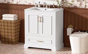 English Elm 30" Modern Bathroom Vanity with Ceramic Sink, Soft-Close Doors, Divided Drawer & Dual Door Shelves White N729P321376K