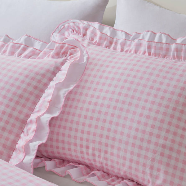 English Elm 4-piece Gingham Ruffle Comforter Set Romantic Cottage Bedroom Brushed Polyester Fill Pink B035P463188