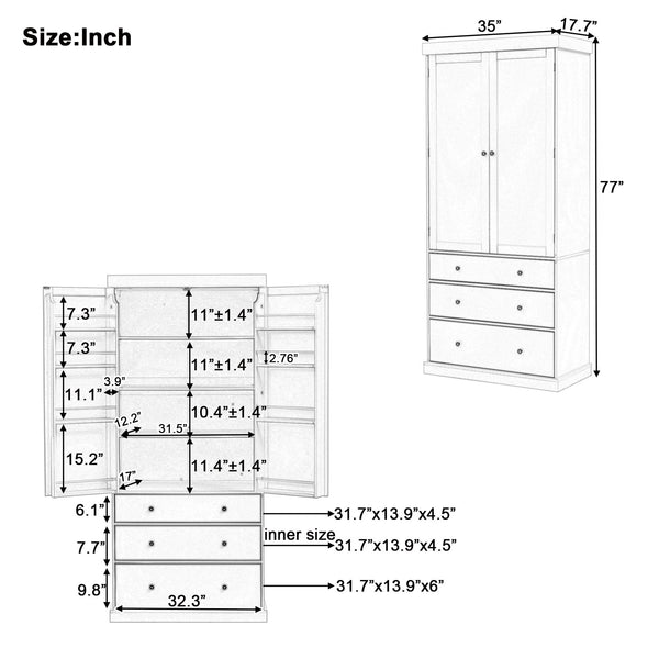 English Elm [Assembly 77in Farmhouse Kitchen Pantry Tall Freestanding Storage Cabinet with 3 Adjustable Shelves, 8 Door Shelves, 3 Drawers, Durable MDF Cream SP000047AAA