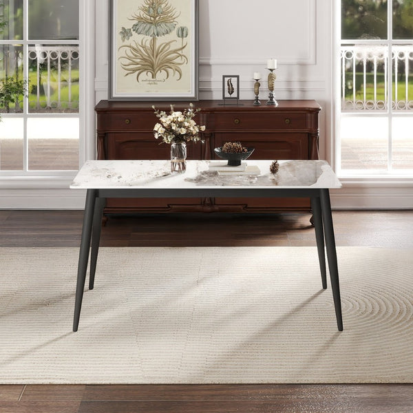 English Elm 55.12" Modern Artificial Stone Dining Table With Black Metal Legs - Seats 6, Easy Maintenance & Chic Design P2 W1535S00493-GIGA