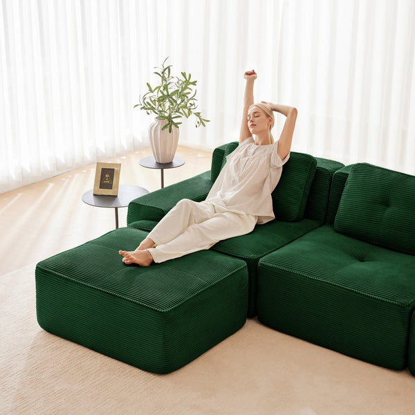 English Elm Modern Corduroy Sectional Sofa Deep Seat V Shape Tufted Couch with Movable Ottoman Green W714S01582