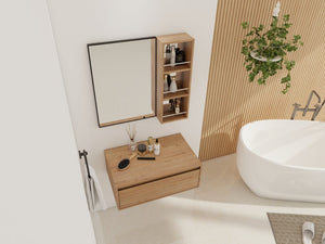 English Elm 30'' Wall Mounted Vanity Mirror Cabinet Black Aluminum Frame Open Shelf Bathroom W999S00537