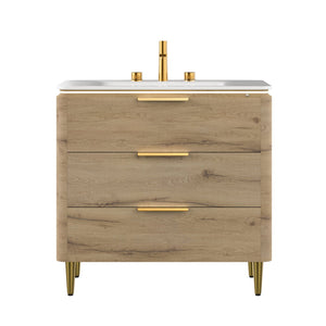 English Elm AMARA 36'' Bathroom Vanity with Integrated Sintered Stone Basin, Preassembled Plywood Cabinet, LED Motion Sensor Storage Carrara White,White Oak W2615P346336