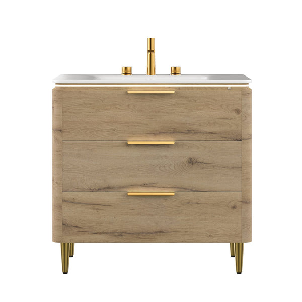 English Elm AMARA 36'' Bathroom Vanity with Integrated Sintered Stone Basin, Preassembled Plywood Cabinet, LED Motion Sensor Storage Carrara White,White Oak W2615P346336