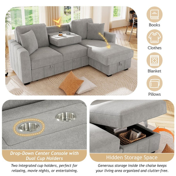 English Elm U_style Modular Sectional Sleeper Sofa with Storage Chaise and Cup Holders for Living Room Grey WY000467AAE