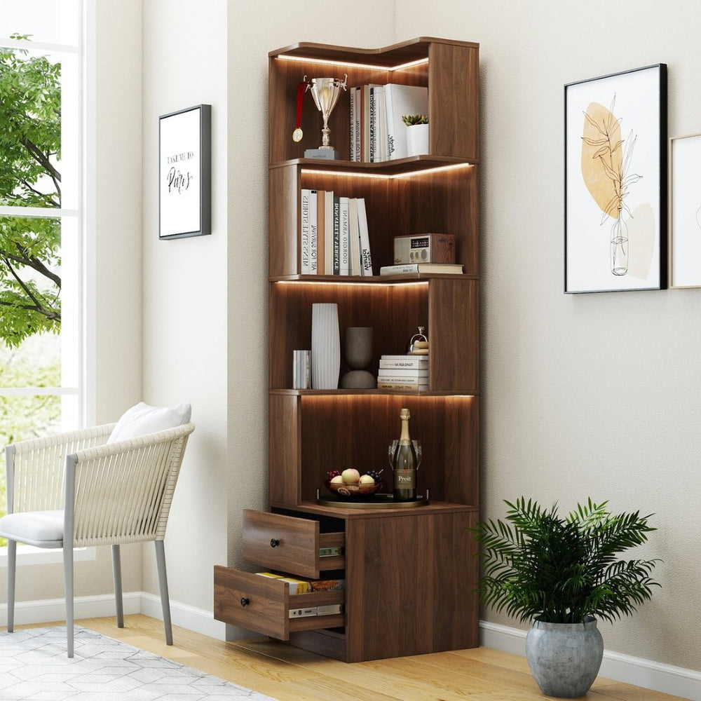 English Elm Corner Bookcase with Led Lighting and Drawers Freestanding L Shaped 4 Tier Display Shelf Walnut W331P397438