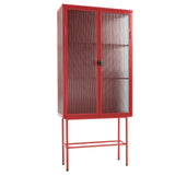 English Elm Retro Style Red Tall Freestanding Display Cupboard Stylish Fluted Glass Storage Cabinet With Glass Doors Three Detachable Shelves Bottom Space For Office Dining Room Living Room (Old Sku:W68751710)