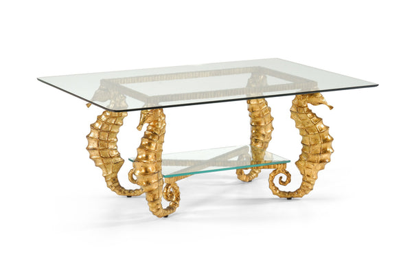 Chelsea House Seahorse Cast Aluminum Coffee Table With Gold-Leaf Finish & Beveled Glass Top — Coastal Luxe Centerpiece 381335