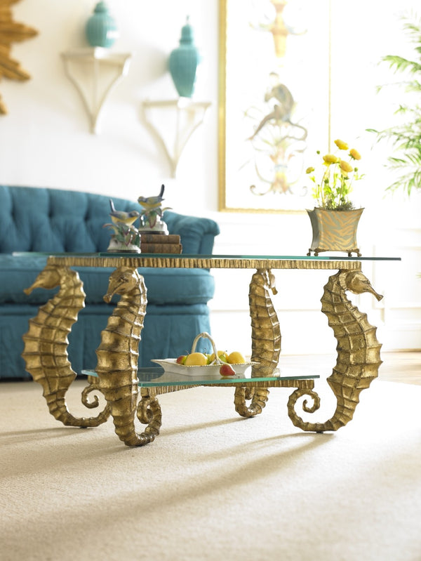 Chelsea House Seahorse Cast Aluminum Coffee Table With Gold-Leaf Finish & Beveled Glass Top — Coastal Luxe Centerpiece 381335