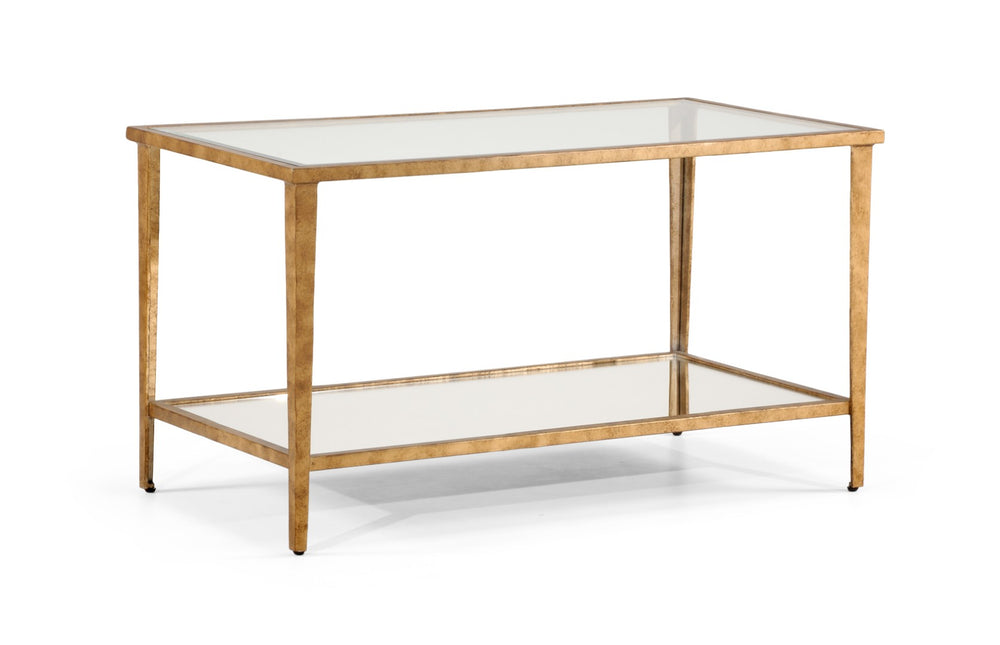 Chelsea House Carson Antique Gold Cocktail Table With Tempered Glass Top & Mirrored Shelf — Glam Vintage Chic 381354