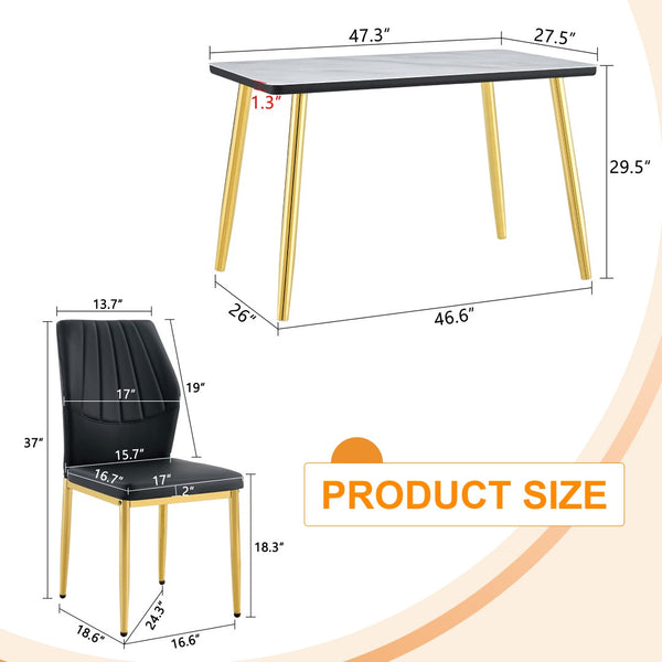 English Elm Table and Chair Set Marble Glass Top Gold Legs Modern 5 Piece Dining for Small Spaces Black,White+Gold W1151S04652