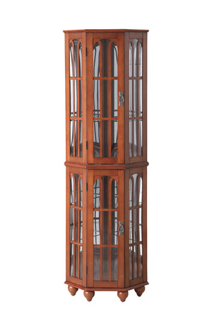 English Elm Corner Curio Cabinet with 6 Shelves, Tempered Glass Display, Built-In Lighting, Mirrored Back Walnut W1693P216949