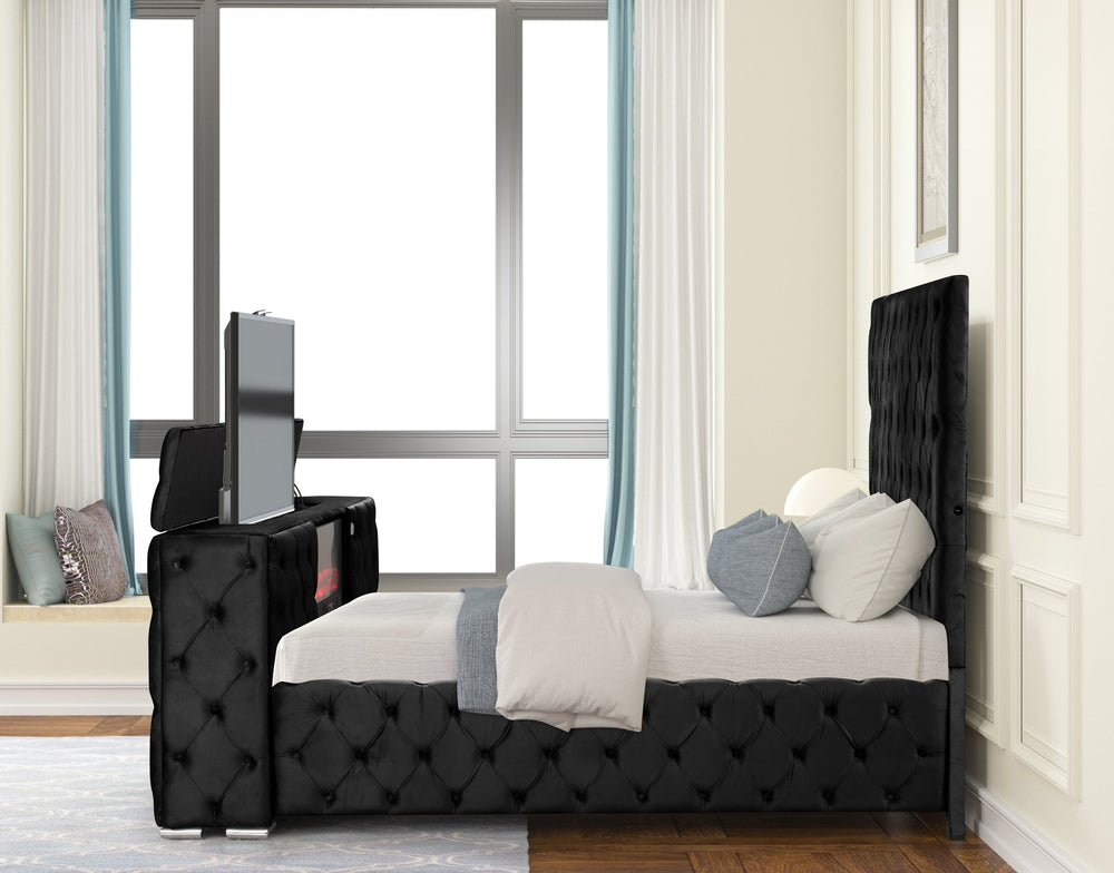 English Elm Encore Modern Tufted Upholstered Queen Bed In Black - Stylish Wood Frame With Tv Compartment & Comfort B009S01651