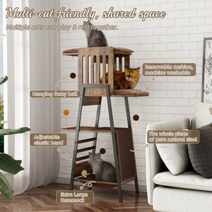 English Elm Modern 58 Inch Cat Tower with Sisal Scratching Mat Hammock and Perch for Large Breeds W2641P460041