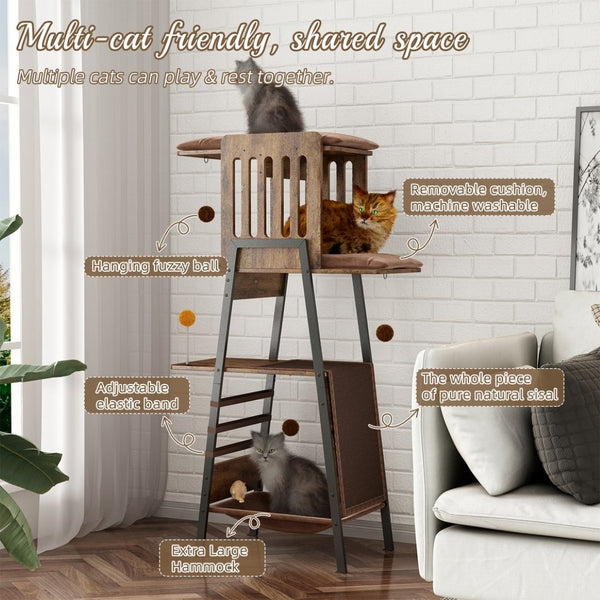 English Elm Modern 58 Inch Cat Tower with Sisal Scratching Mat Hammock and Perch for Large Breeds W2641P460041