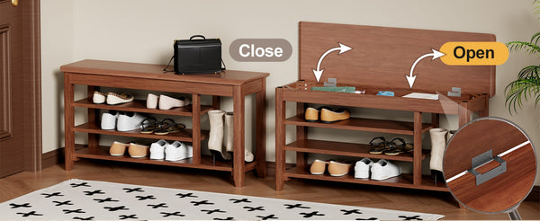 English Elm Adjustable Solid Rubberwood Storage Bench Mid Century Entryway Seat Holds 550 Lbs W2987P337983