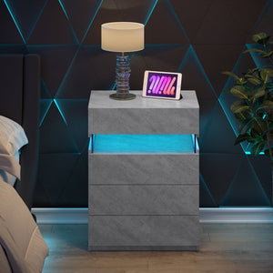 English Elm Nightstand with Led Backlighting Acrylic Panel Four Drawers Modern Bedroom Side Table Grey W2178P246214