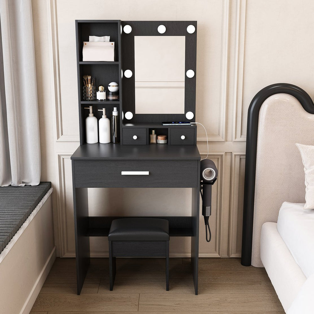 English Elm Vanity compact dressing desk with LED mirror, 3-color dimmable lights, drawers, stool, outlet Black W2699P345801