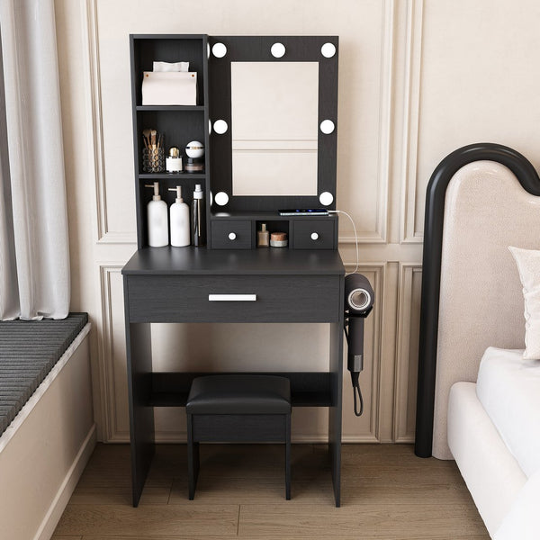 English Elm Vanity compact dressing desk with LED mirror, 3-color dimmable lights, drawers, stool, outlet Black W2699P345801