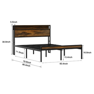 English Elm Queen Industrial Bed Frame with Led Headboard Shelf Charging Ports and Metal Slat Base W1903P151337