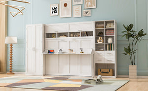 English Elm Full Size Murphy Wall Bed with Wardrobe Drawers Shelving for Studio Apartments LP000383AAK