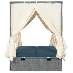 English Elm U_style Outdoor Rattan Steel Chaise Lounge with Shade Canopy and Reclining Cushioned Sunbed Dark Blue WY000471AAC