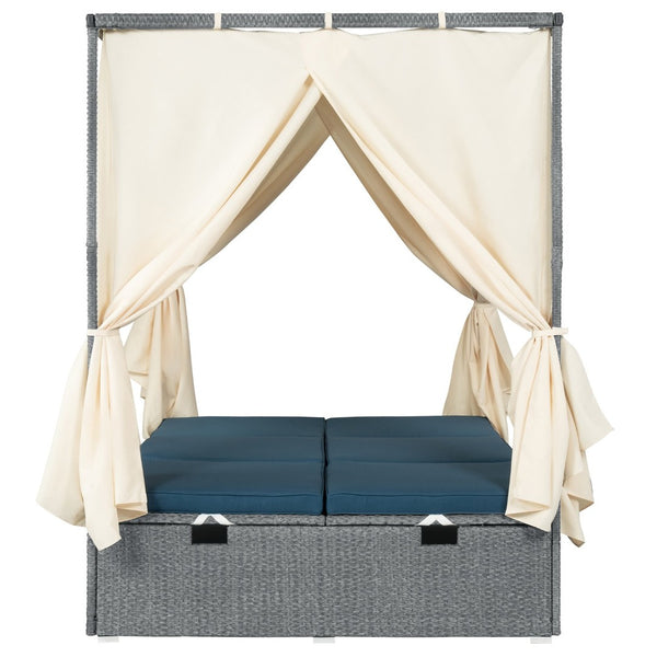 English Elm U_style Outdoor Rattan Steel Chaise Lounge with Shade Canopy and Reclining Cushioned Sunbed Dark Blue WY000471AAC