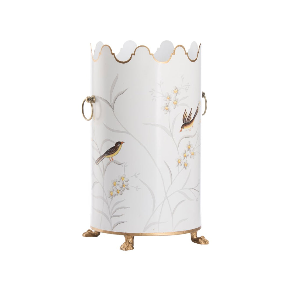 Chelsea House Aviary Hand-Painted Cream Umbrella Stand With Bird & Floral Motif, Gold Paw Feet, Scalloped Top Handles 381653