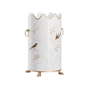 Chelsea House Aviary Hand-Painted Cream Umbrella Stand With Bird & Floral Motif, Gold Paw Feet, Scalloped Top Handles 381653