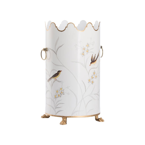 Chelsea House Aviary Hand-Painted Cream Umbrella Stand With Bird & Floral Motif, Gold Paw Feet, Scalloped Top Handles 381653