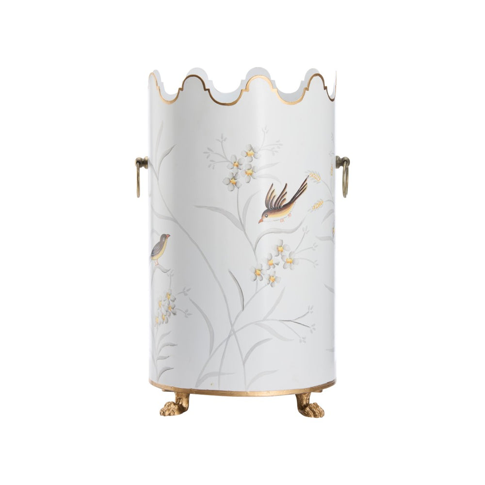 Chelsea House Aviary Hand-Painted Cream Umbrella Stand With Bird & Floral Motif, Gold Paw Feet, Scalloped Top Handles 381653