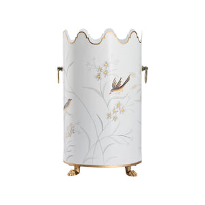Chelsea House Aviary Hand-Painted Cream Umbrella Stand With Bird & Floral Motif, Gold Paw Feet, Scalloped Top Handles 381653