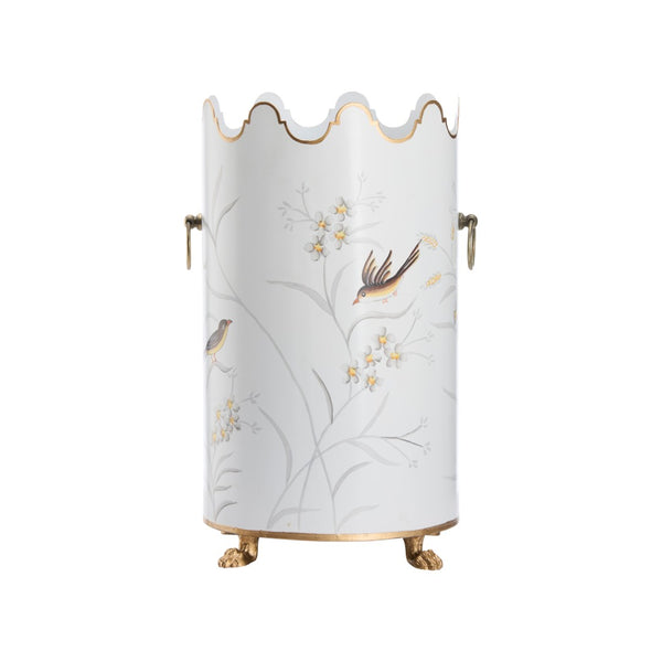 Chelsea House Aviary Hand-Painted Cream Umbrella Stand With Bird & Floral Motif, Gold Paw Feet, Scalloped Top Handles 381653