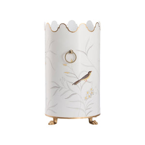 Chelsea House Aviary Hand-Painted Cream Umbrella Stand With Bird & Floral Motif, Gold Paw Feet, Scalloped Top Handles 381653