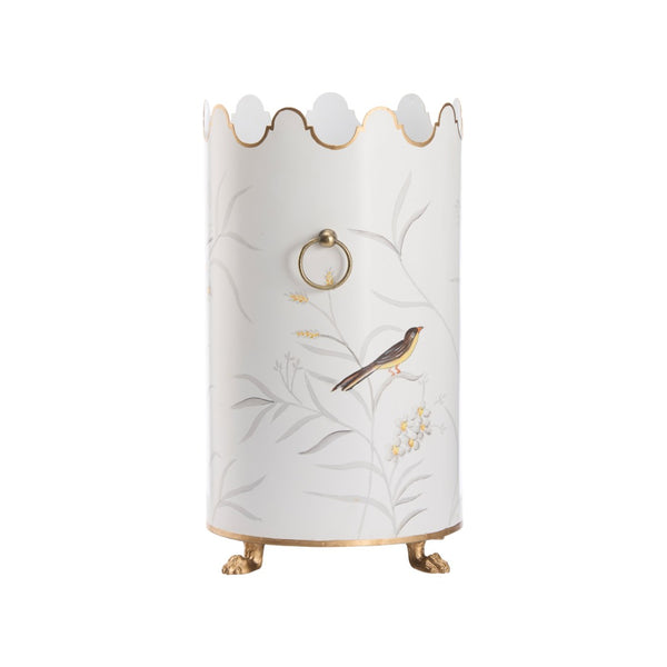 Chelsea House Aviary Hand-Painted Cream Umbrella Stand With Bird & Floral Motif, Gold Paw Feet, Scalloped Top Handles 381653