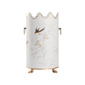 Chelsea House Aviary Hand-Painted Cream Umbrella Stand With Bird & Floral Motif, Gold Paw Feet, Scalloped Top Handles 381653